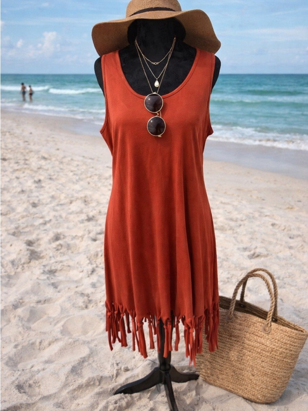 Boho Fringe Tank Dress - Rust Red-Sleeveless Flowy Festival Summer Sz L